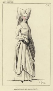 XIVe siècle, Bourgeoise de Bordeaux (gravure en couleur) - French School