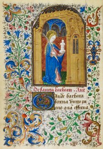Miniature de Sainte Barbe sous une arche dorée, portant une palme et sa tour, avec une bordure foliaire complète, au début de son suffrage, du 