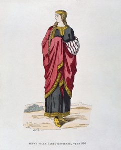 Jeune fille carolingienne, vers 990, de Costumes civils et militaires des français à travers les siècles - French School