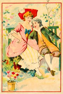 Jeune couple sur un banc dans un jardin - French School