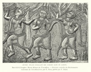 Jeunes filles cueillant des fleurs dans un jardin, bas-relief d