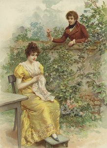 Jeune femme, approchée par un prétendant avec une fleur par-dessus le mur