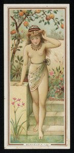 Jeune femme dans un jardin, carte de vœux