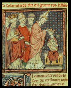 Le couronnement de Louis I le Pieux (778-840) empereur romain par le pape Étienne IV (pape 816-817) à Reims en 816, des Grandes Chroniques de France, 1375-79 - French School