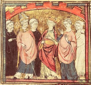 Dagobert I (605-39), roi des Francs recevant le Royaume de France, des Grandes Chroniques de France, 1375-79 - French School