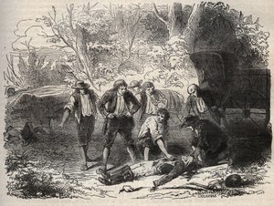 Affaire du courrier de Lyon - la malle-poste est attaquée en Seine-et-Marne par 5 individus le 28 avril 1796 - Gravure dans « Causes célèbres de tous les peuples » par Armand Fouquier (1817-18?) 1858-1867 - collection privée