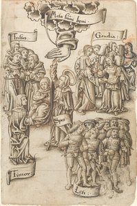 Espoir, atteignant le ciel, se tient parmi des hommes tristes et heureux, des joies et des peurs [fol. 19 recto]