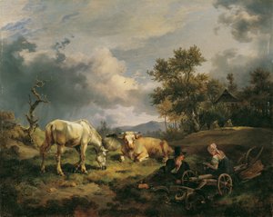 Jeune couple de paysans se reposant dans le champ - Friedrich August Mathias Gauermann
