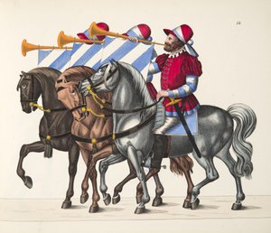 Trois musiciens à un tournoi, planche de A History of the Development and Customs of Chivalry, par Dr. Franz Kottenkamp, publié par Carl Hoffmann, 1842 - Friedrich Martin von Reibisch