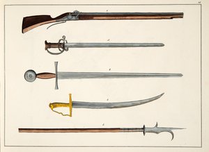 Armes incluant des épées et des lances, c.1400, planche de A History of the Development and Customs of Chivalry, par Dr. Franz Kottenkamp, publié par Carl Hoffmann, 1842