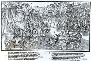 Le chef irlandais reçoit la bénédiction du prêtre avant de partir combattre les Anglais, qui sont montrés en armure complète, planche 4 de 