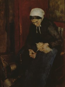 Vieille dame filant de la laine