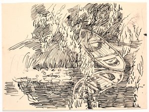 Un lac forestier avec deux barques