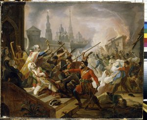 Guerre des paysans russes de 1773-1775 : la bataille de Kazan en juillet 1774, scène de la révolte de Emelian Ivanovitch Pougatchev - Fyodor Antonovich Molier