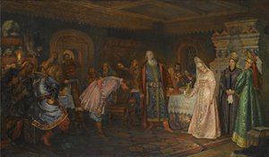La Cérémonie du Baiser. Boyar Morozov, sa femme Yelena et le prince Serebrenni - Fyodor Fyodorovich Buchholz