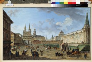 Moscou, vue de la porte de la Résurrection sur la Place rouge