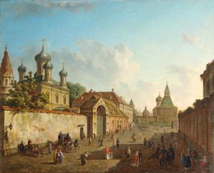 Vue de la place Loubianka vers la porte Vladimir à Moscou, Russie, années 1800