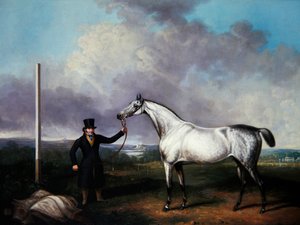Gentleman tenant un cheval de course gris sur un parcours - G. Jackson
