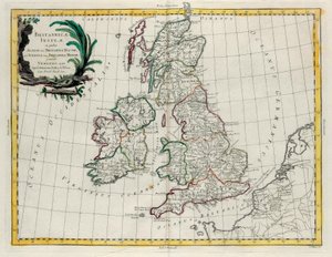 Les Îles Britanniques où se trouvent Albion ou Grande-Bretagne et Ivernia ou Petite-Bretagne, gravure de G. Zuliani tirée du Tome I du Nouvel Atlas publié à Venise en 1785 par Antonio Zatta