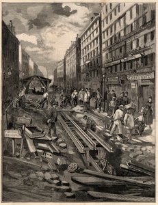 Le funiculaire de Belleville, pose de la voie, rue de Belleville en 1894. Gravure d