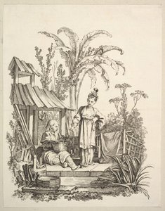 Un homme chinois assis et une femme portant un poisson, vers 1742