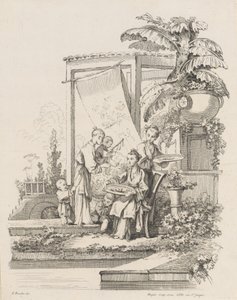 Femme assise avec enfants et serviteurs