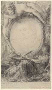 Cadre allégorique avec un génie et une femme voilée écrivant - Gabriel Jacques de Saint Aubin