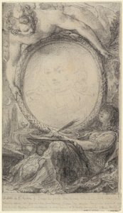 Cadre allégorique avec un génie et une femme voilée écrivant, vers 1769 (craie noire sur papier) - Gabriel de Saint-Aubin