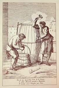 Tonneliers au travail, gravure de Gaetano Gherardo Zompini, Les arts de la vie quotidienne dans la ville de Venise, Italie