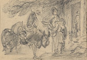 Personnages et chevaux près d
