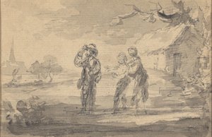 Paysage avec trois figures, cottage et clocher d