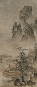 Paysage : montagnes, ruisseau et maisons, période Muromachi, début du 16ème siècle - Gakuo Zokyu