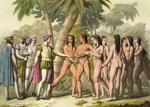 Christophe Colomb (1451-1506) avec Hernando Cortes (1485-1547) recevant une jeune fille amérindienne en cadeau, de 