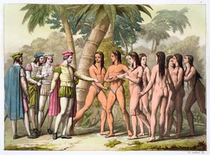 Christophe Colomb avec Hernando Cortes recevant une fille amérindienne en cadeau