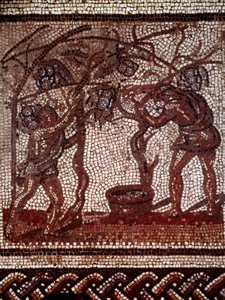 Art gallo-romain : automne : cueillette des pommes et récolte. Pavage en mosaïque représentant un calendrier rustique de Saint-Romain-en-Gal. Fin 2e-début 3e siècle. Saint-Germain-en-Laye, Musée des Antiquités - Gallo Roman Gallo Roman