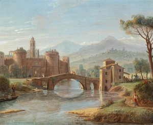 Paysage fluvial avec un pont menant à une ville fortifiée (huile sur cuivre)