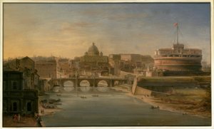 Rome : Vue sur le Tibre vers le sud avec le Château Saint-Ange et la basilique Saint-Pierre au loin