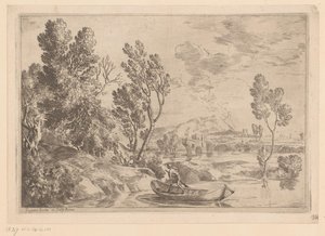 Paysage fluvial avec homme dans une barque - Gaspard Dughet