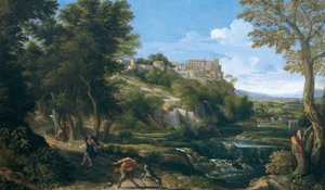 Paysage montrant un faune dansant et une nymphe - Gaspard Poussin Dughet