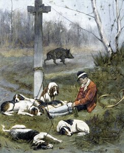 Le chasseur et ses chiens endormis - gravure par Gaston Gelebert - Gaston Gelibert