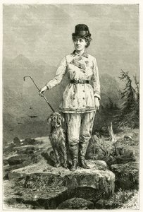 Portrait de Madame Marie De Ujfalvy-Bourdon, en tenue de voyage, avec son chien, mariée à l