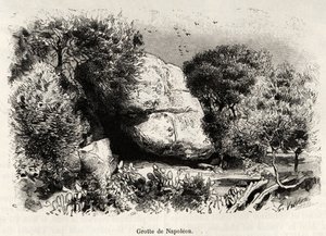 La grotte Napoléon, où Napoléon Bonaparte (1769-1821) aimait se réfugier enfant pour étudier et méditer. Gravure et histoire La Corse par Gaston Vuillier (1845-1915), en 1890, dans Le tour du monde, nouveau journal des voyages, sous la direction d