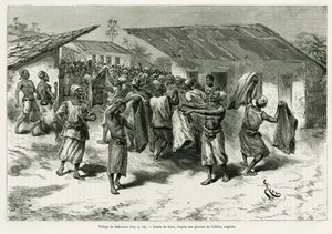 Le village de Bakourou, les indigènes reçoivent des cadeaux pour les négociations de paix. Gravure par G. Vuillier, pour illustrer l