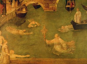 Miracle de la Croix au Pont de S. Lorenzo, détail des moines nageant, 1500 détrempes sur toile - Gentile Bellini
