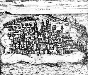 Vue de Mombaza, de Civitates orbis terrarum de Georg Braun, publié en 1572 (détail) - Georg Braun und Franz Hogenberg