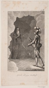 "Crois et sois ferme". Homme en armure et un vieil homme en manteau