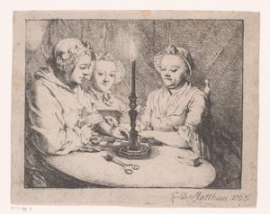 Femmes jouant aux dames à la lumière des bougies
