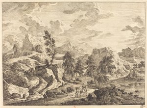 Paysage avec le soleil levant et un cavalier avec un assistant