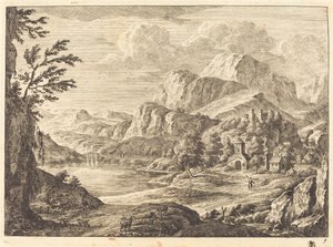 Paysage montagneux avec un château en ruine et un pont voûté au loin