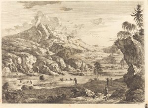 Paysage fluvial montagneux avec figures
